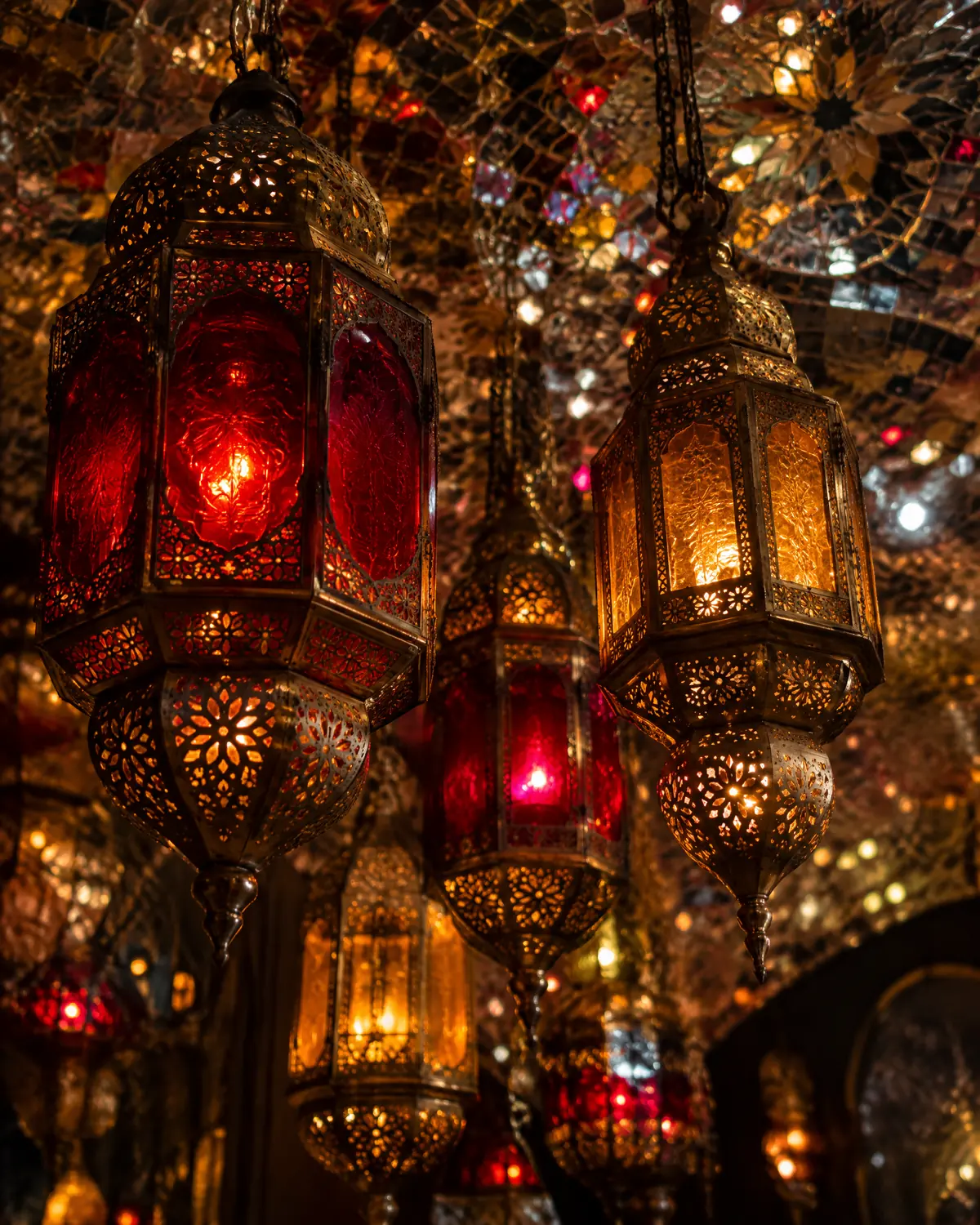 Pierced brass and ruby glass lanterns glowing under a mirror-mosaic ceiling
