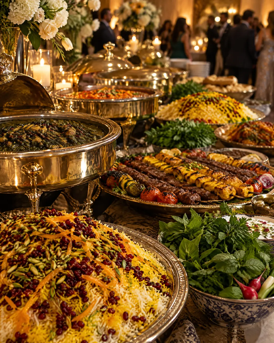 A brass buffet of saffron rice, kabobs and herb stews at an evening wedding