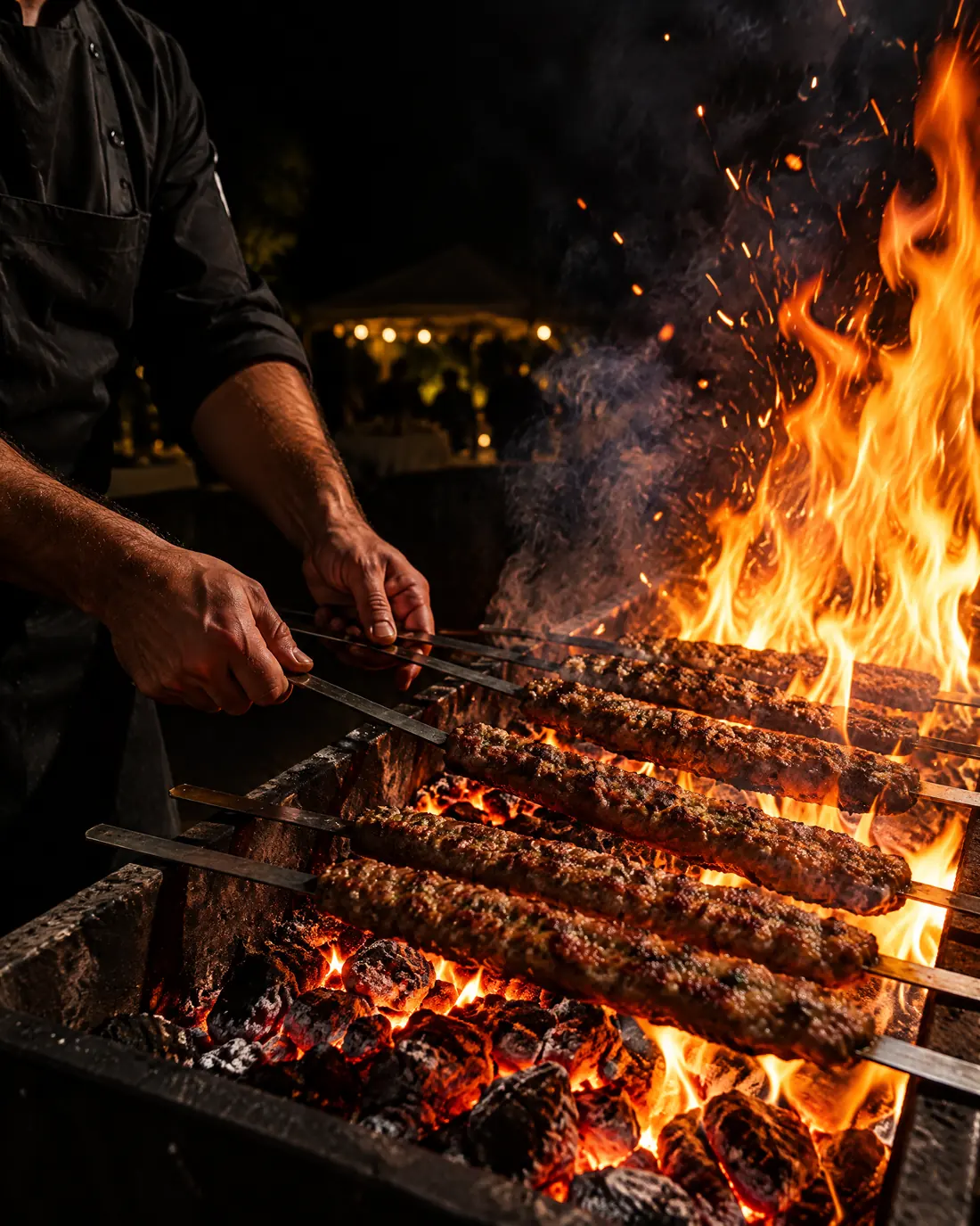 A chef turning kabob skewers over a charcoal grill with tall flames