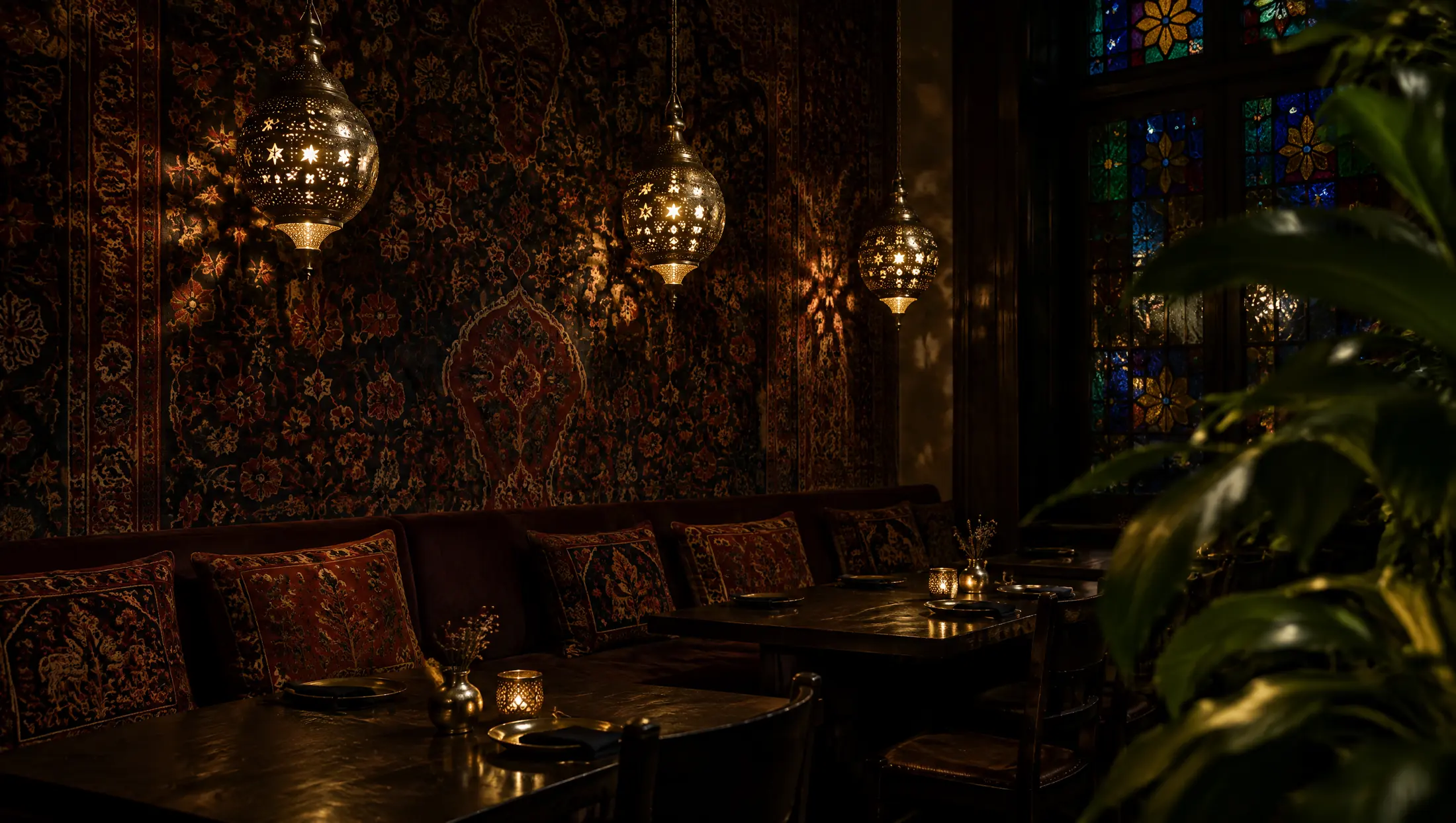 A dark dining room lit by pierced brass lanterns