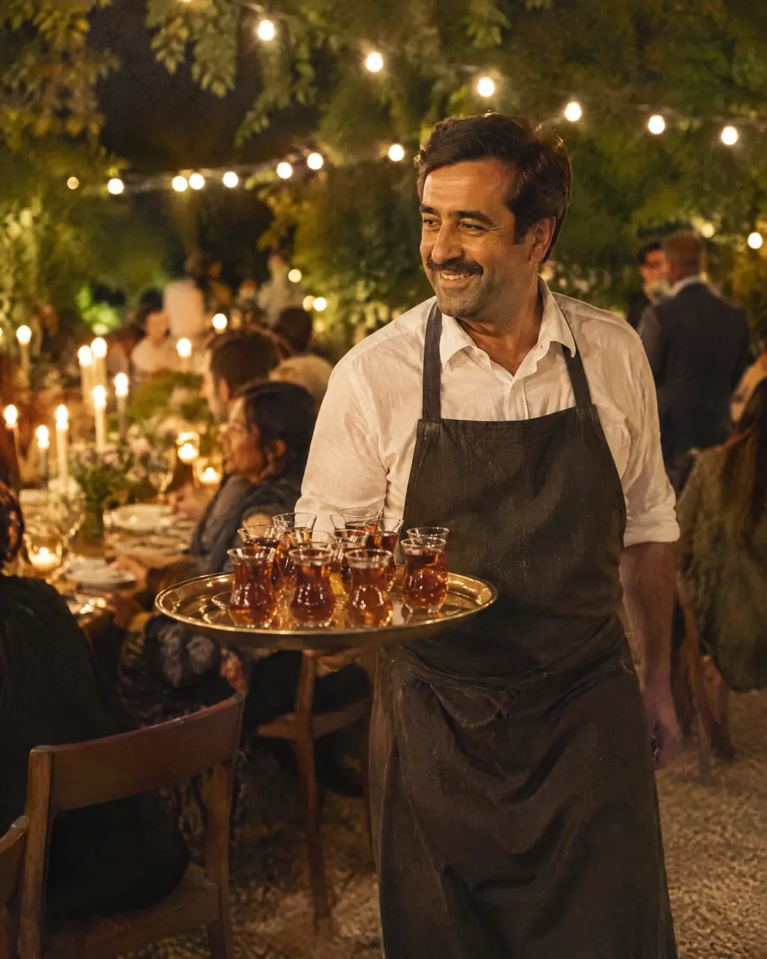 A smiling waiter carrying a tray of tea glasses through a candlelit garden party