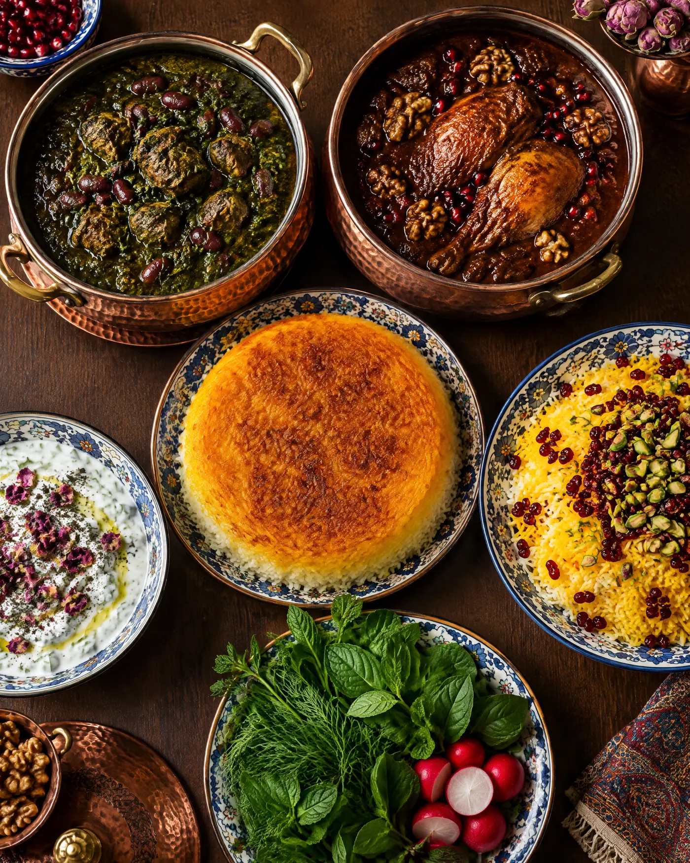 Ghormeh sabzi, fesenjan, a golden tahdig and jewelled rice in copper and painted bowls