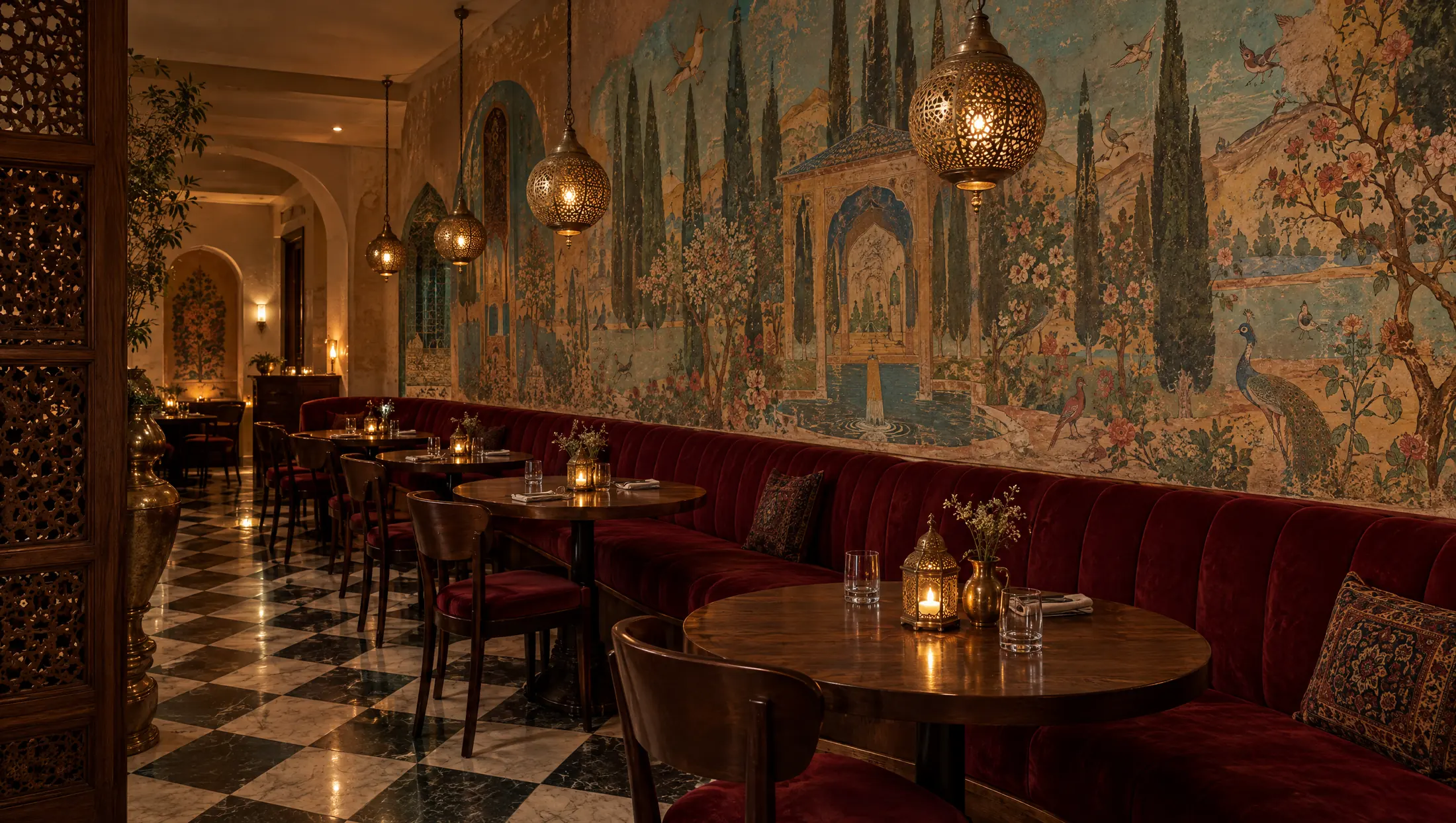 The Anar dining room: red velvet banquettes beneath a painted Persian garden mural