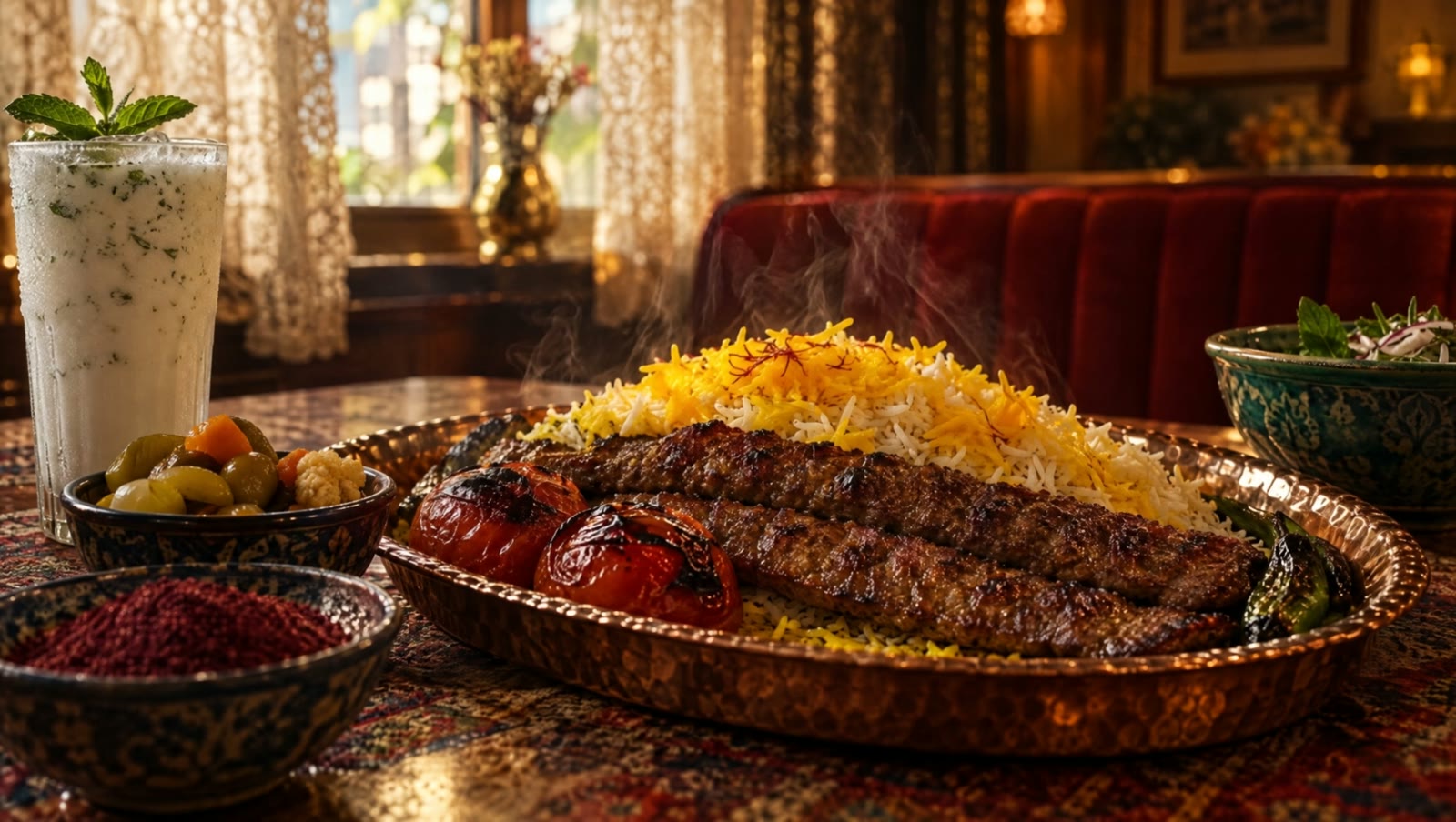 Kabob koobideh and saffron rice on a copper platter, steam rising